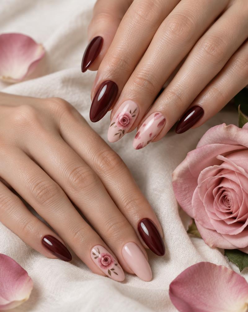 Rose-inspired burgundy and blush manicure